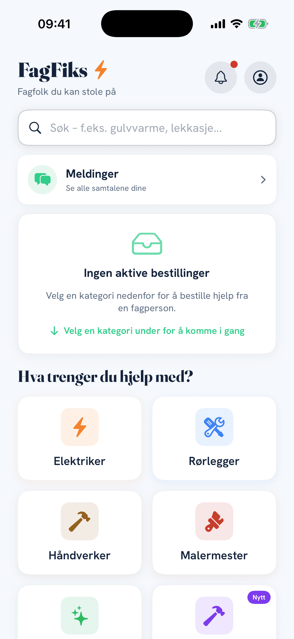 FagFiks-appen: hjem-skjerm der du beskriver jobben